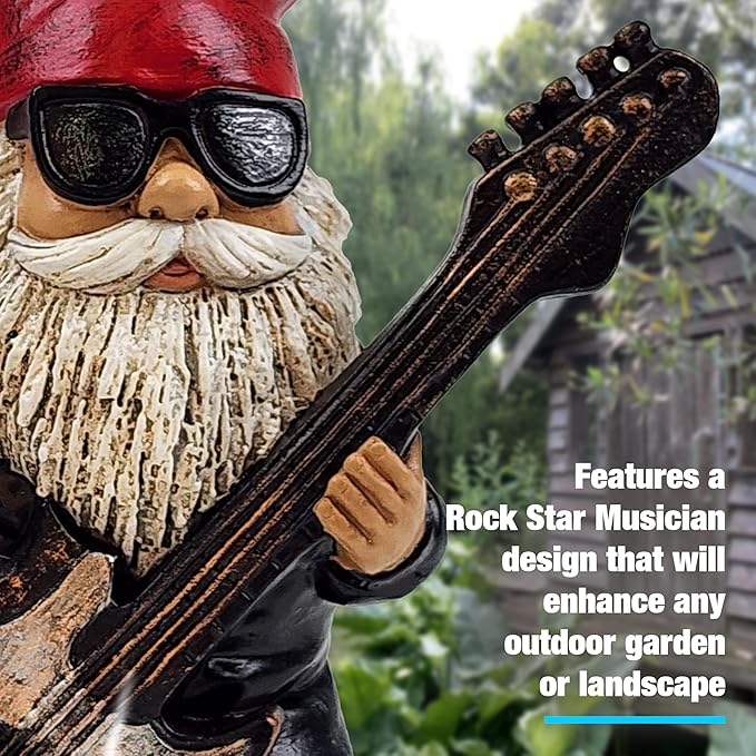 Better Office Products Garden Gnome Statue, 8" Height, Handcrafted Waterproof, UV-Resistant Polyresin Lawn Patio Porch Ornament Decoration (Rock Star with Solar Light)
