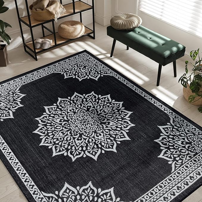 CAMILSON Outdoor Rug, 9x12 Medallion Black White Modern Area Rugs for Large Indoor and Outdoor Patios, Kitchen and Hallway Mats, Washable Porch Deck Outside Carpet (Medallion Black, 9 x 12)
