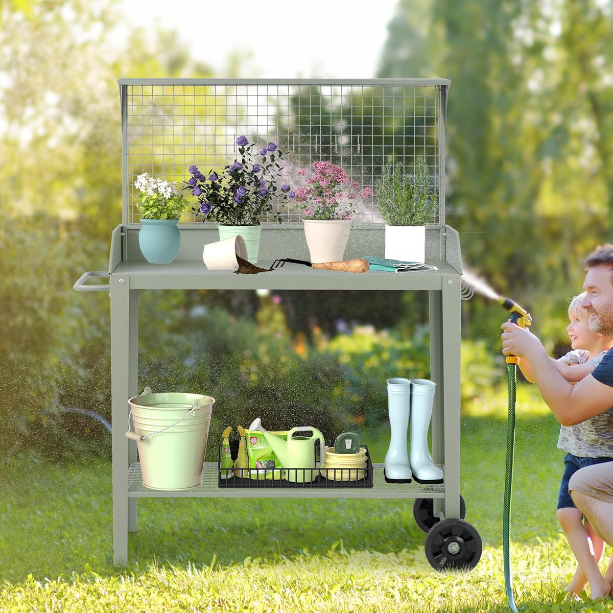 Outdoor Metal Potting Bench with Wheels, Heavy Duty Garden Workbench Table with Storage Shelf (Green, 52.8"x36.6")