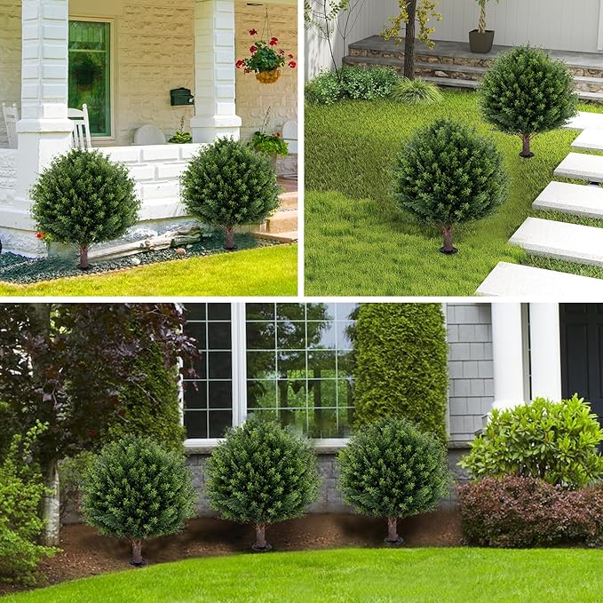 Artificial Cedar Topiary Ball Tree 23" with Ground Spike, Set of 2 Artificial Boxwood Bushes for Faux Shrubs, Fake Evergreen Faux Plant for Indoor Outdoor Porch Garden- UV Resistant – Fade-Proof