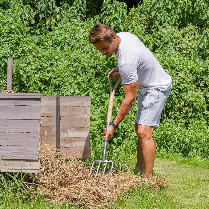 Berry&Bird Gardening Digging Fork, 4-Tine Stainless Steel Pitchfork, 43.9" Heavy Duty Spading Fork with D-Grip Handle and Ergonomic Ash Wood Handle for Digging, Planting, Cultivating, Aerating