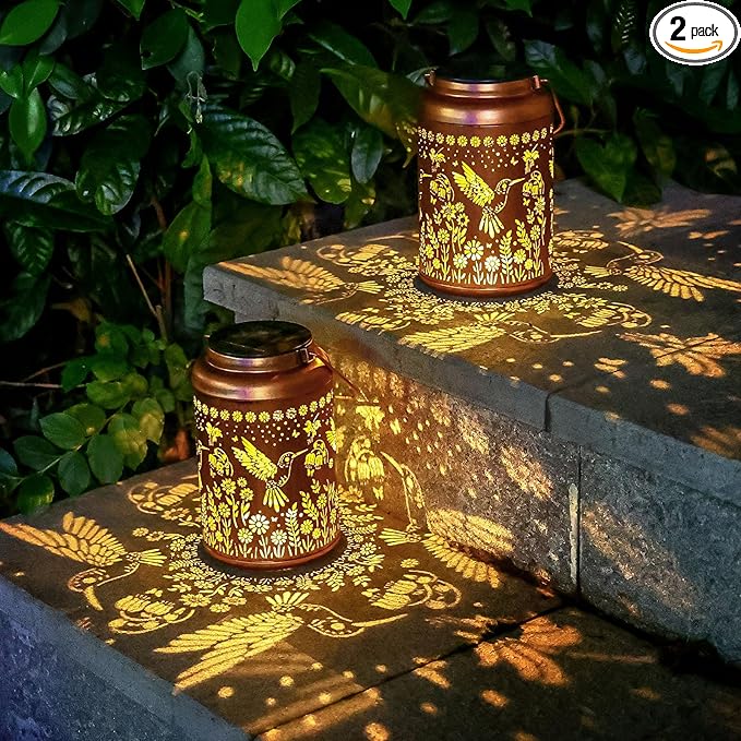 2 Pack Hummingbird Solar Lanterns Outdoor Waterproof Hanging Solar Lights Metal Decorative LED Lanterns Outside Decor for Garden,Yard,Patio,Lawn Gifts for Women Mom