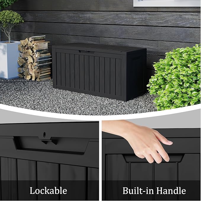 90 Gallon Lockable Resin Deck Box with Wheels, Waterproof & UV-Resistant Outdoor Storage Box for Outdoor Cushion Storage, Garden Tools & Pool Accessories Storage, Black