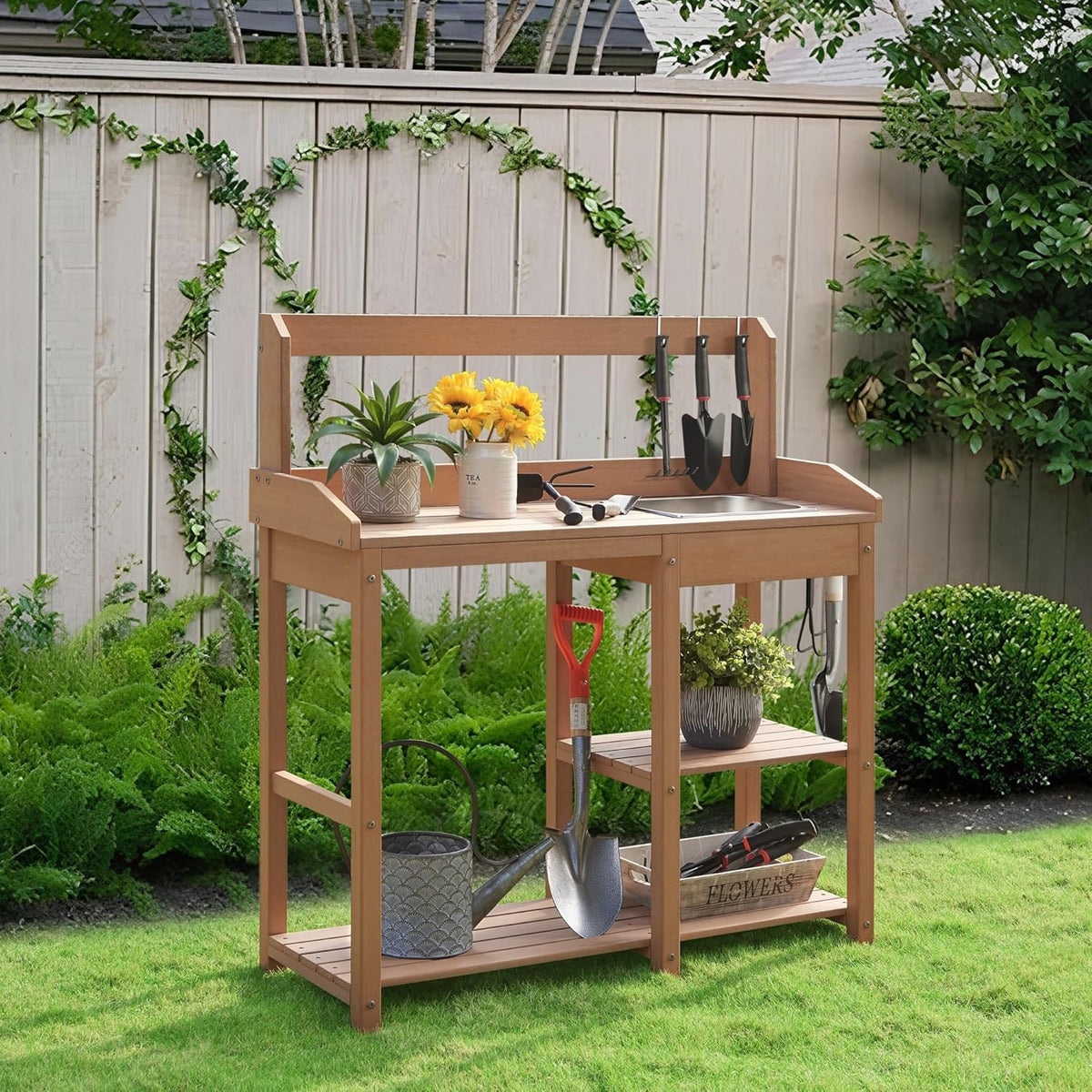 Psilvam Outdoor Potting Bench with Sink for All-Weather Gardens, HDPE Potting Benches for Outside, Planting Table for Garden, Patio and Lawn (Teak Color)