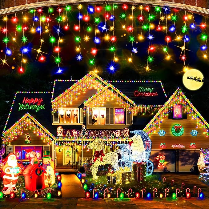 Hezbjiti Christmas Decorations Lights Outdoor, 400 LED 32.8 FT 8 Modes 75 Drops Fairy String Curtain Lights for Christmas Decor Eaves Window Party Yard Garden Indoor (Multicolor)