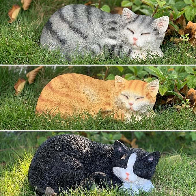 Cat Figurines Outdoor Statue Garden Decor, Cat Statue Garden Statues Outdoor Clearance for Patio, Lawn Decoration, 11.5" Larger Grey Sleeping Cat Statue for Indoor Table Accessory, Cat Gift for Mom