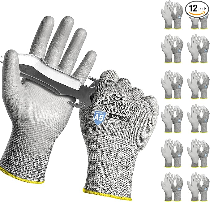 12 Pairs ANSI A5 Cut Resistant Work Gloves, Cut Proof Gloves with PU Coating, Used for Metal Fabrication, WoodWorking, Construction, Non Slip, Durable, S, CR3088