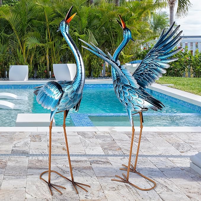 chisheen Crane Garden Statues Outdoor Metal Heron Yard Art Crane for Garden Sculptures Patio Lawn Ornaments,Set of 2