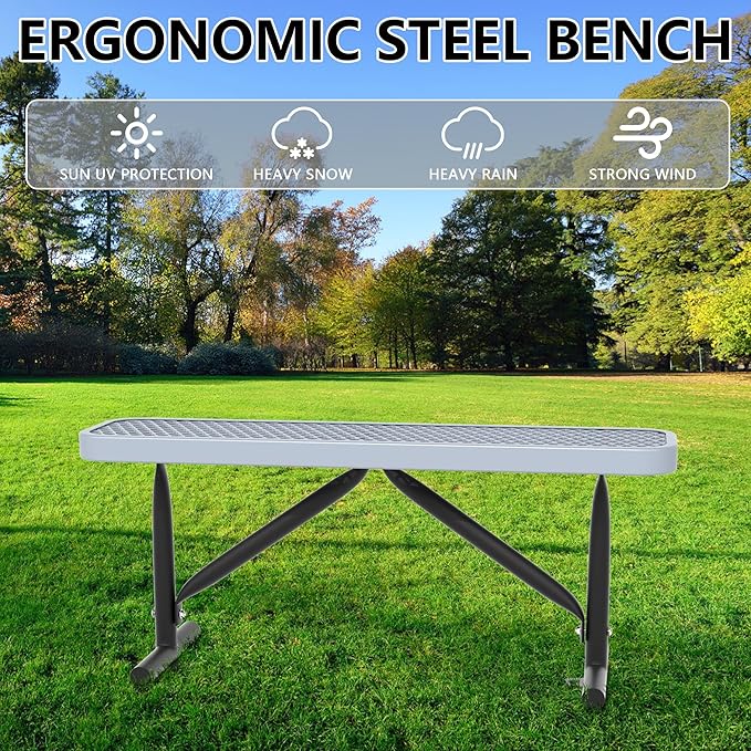 48" L Outdoor Steel Flat Bench, Heavy Duty Metal Park Bench for Outside, Expanded Metal, Commercial Benches Mesh Bench for Shopping Mall, Store, Lawn, Park, Patio, Deck, Garden (Grey, 4FT)