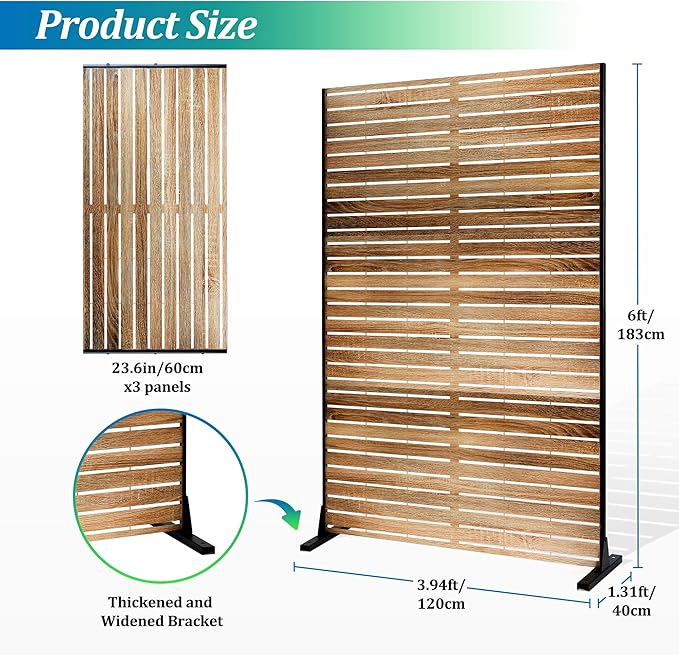 FENCY Metal Privacy Screen 72" H×47" W Natural Wood Color Outdoor Privacy Screen, Freestanding Decorative Privacy Fence Panels for Deck Balcony Patio