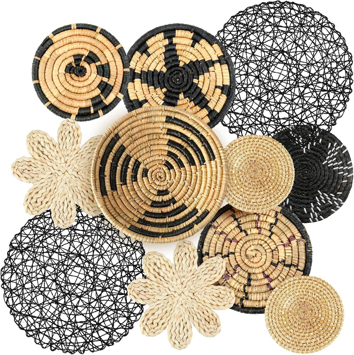 Tatuo 11 Pcs Boho Wall Basket Decor Decorative Bulrush Woven Basket Wall Decor Art Round Farmhouse Hanging Baskets for Kitchen Rustic Home Summer Decorations, Multi Sizes(Fresh)