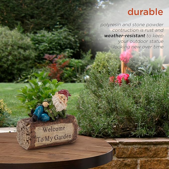 Alpine Corporation 9" Tall Outdoor Garden Gnome and Welcome Sign Yard Statue Decoration, Multicolor
