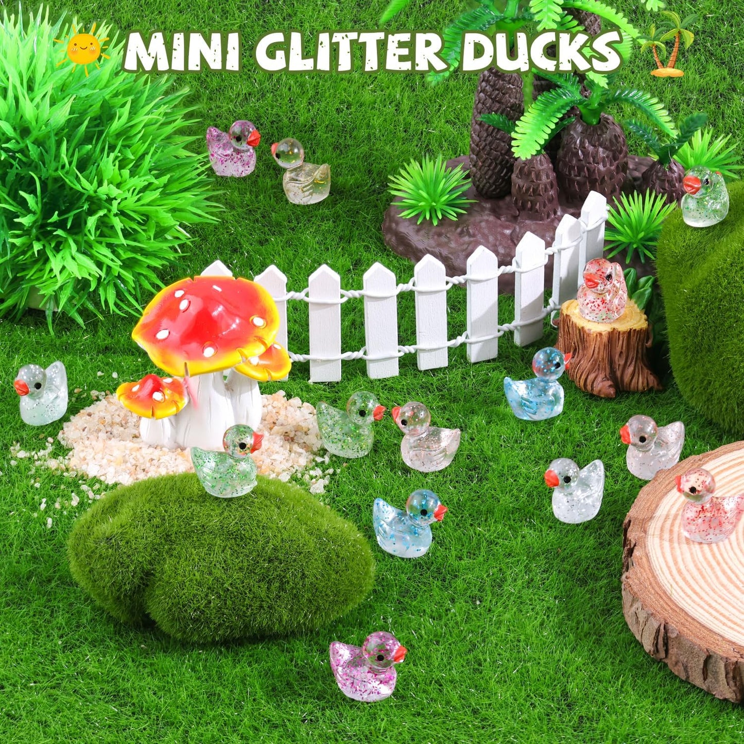 120PCS Mini Resin Animals Cute Colorful Glitter Tiny Ducks, Miniature Figures to Hide, Little Animal Toys Accessories Bulk for Topper Garden Dollhouse Landscape Aquarium Ornaments DIY Crafts & Decor