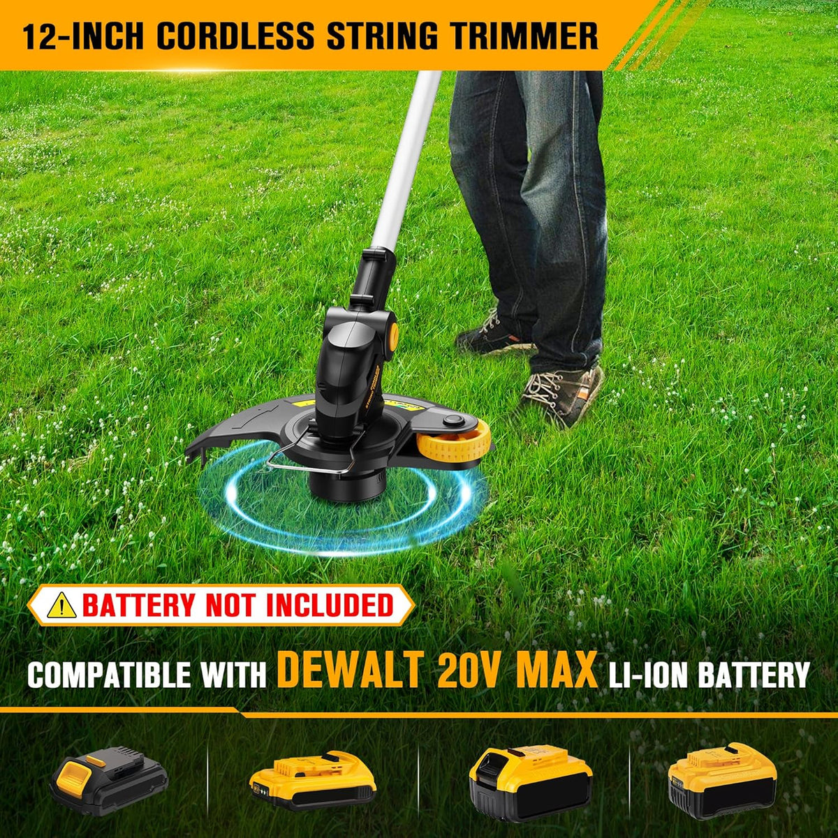 Cordless String Trimmer Compatible with Dewalt 20V Battery, 12-Inch Weed Wacker Cordless Auto Line Feed,Electric Weed Eater Battery Powered Grass Trimmer w/6 Line Spools(Tool Only)