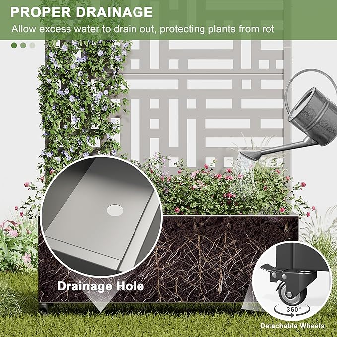 Casaphoria Metal Raised Garden Bed with Trellis and Wheels, 72"x35"x16" Planter Box for Climbing Plants, Vegetables & Vines, Features Drainage Holes and Privacy Screen (Grey-Helen)