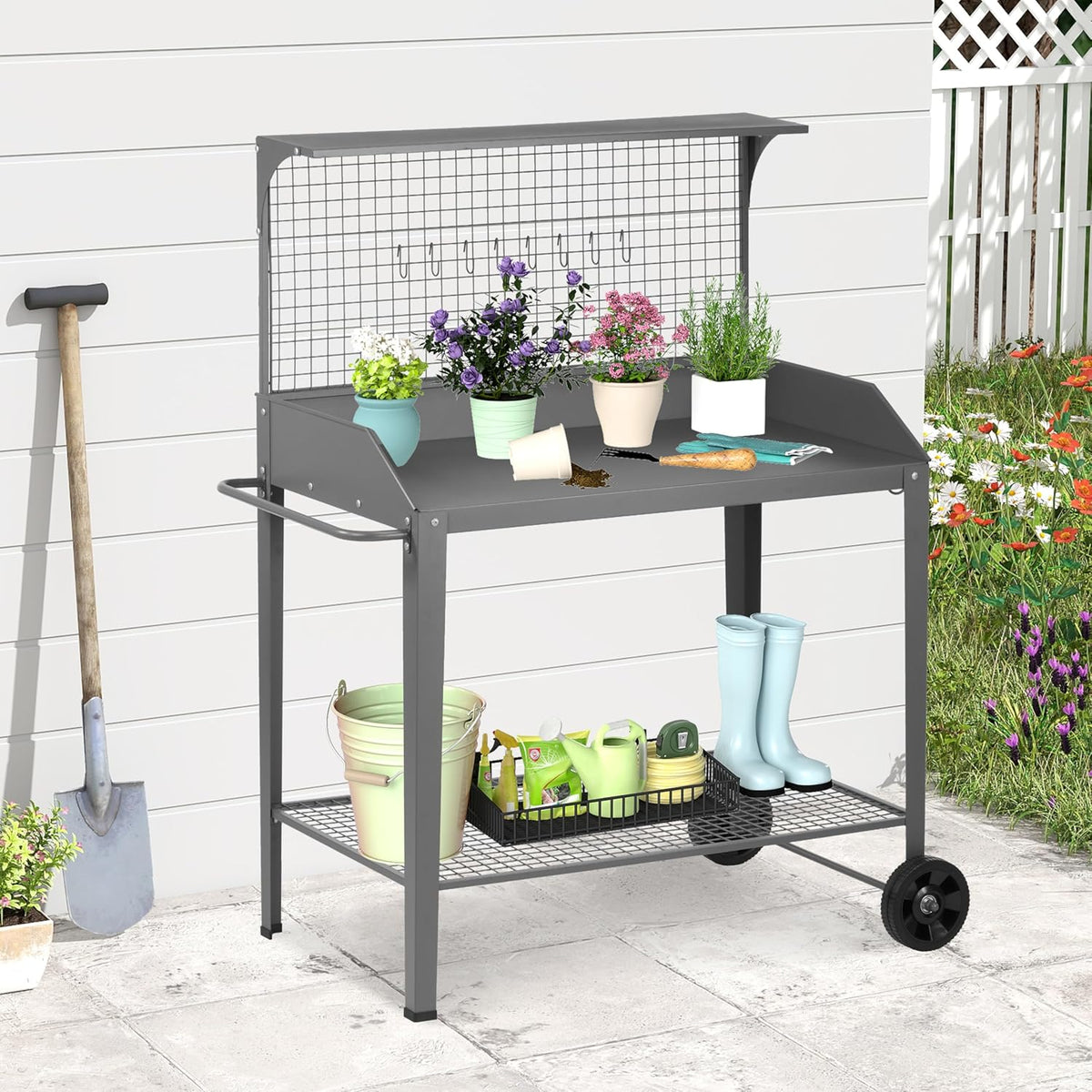 Outdoor Metal Potting Bench with Wheels, Heavy Duty Garden Workbench Table with Storage Shelf (Dark Gray, 52.8"x36.6")