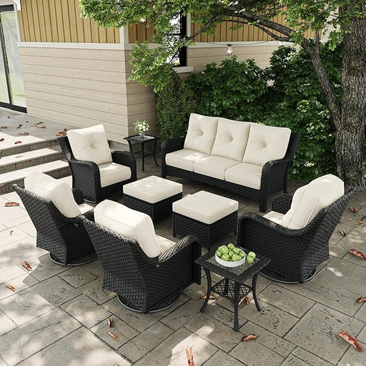9 Pieces Outdoor Patio Furniture Sets with Rocking Swivel Chairs with 6-inch Thick Cushion and Side Table for Deck Lawn