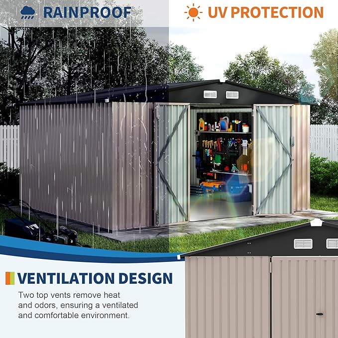 10x12 FT Metal Storage Sheds Outdoor with Floor, Metal Yard Sheds Garden Shed Kit, MetalTool Shed with Lockable Door, Metals UtilitySheds Buildings with Air Vent for Backyard Garden Patio Lawn