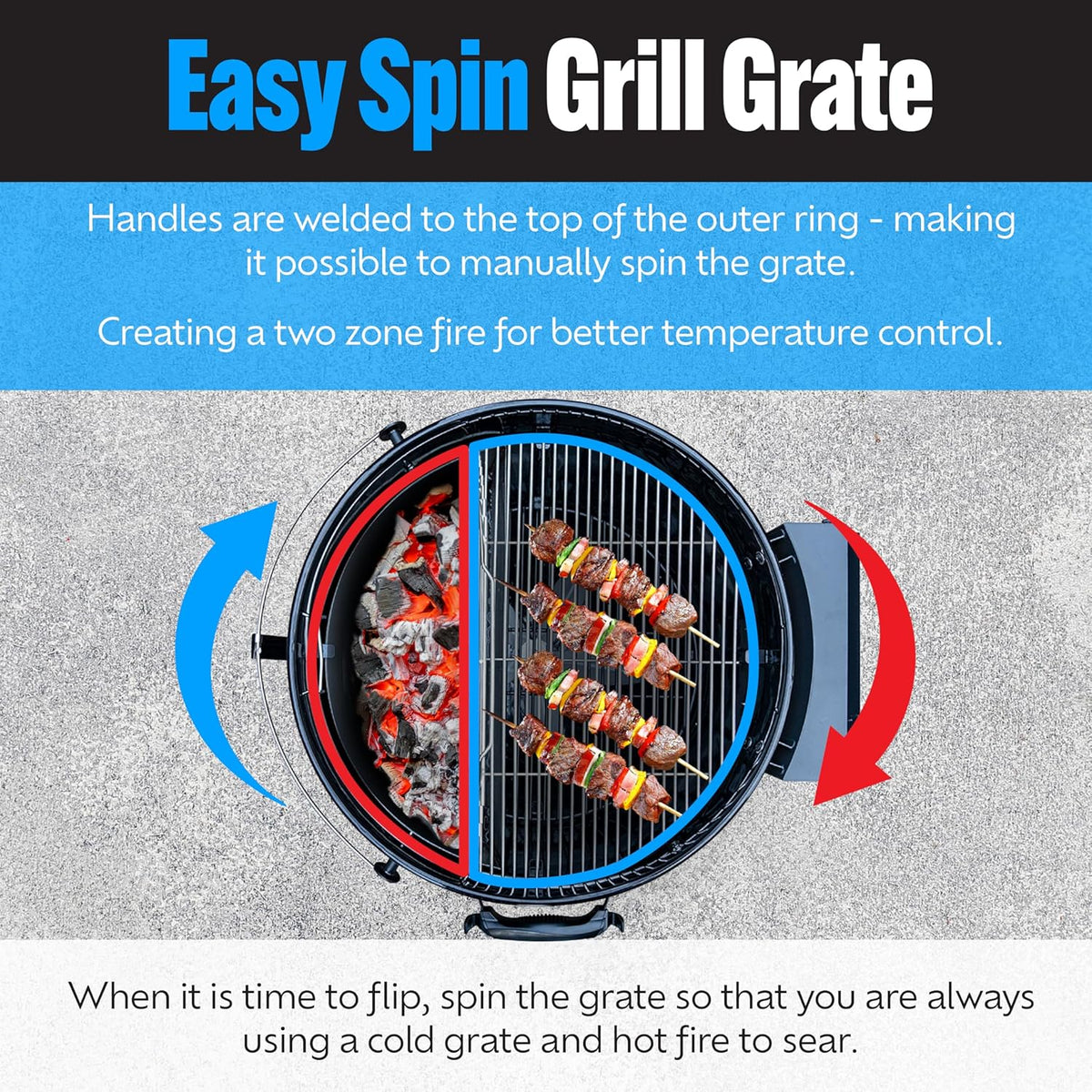 SnS Grills Slow ‘N Sear EasySpin Charcoal Grill Cooking Grate - Compatible with Weber and Other Grills, 2-Zone Stainless Steel Hinged Replacement - Tailgating & Backyard Cooking - 24” Inches