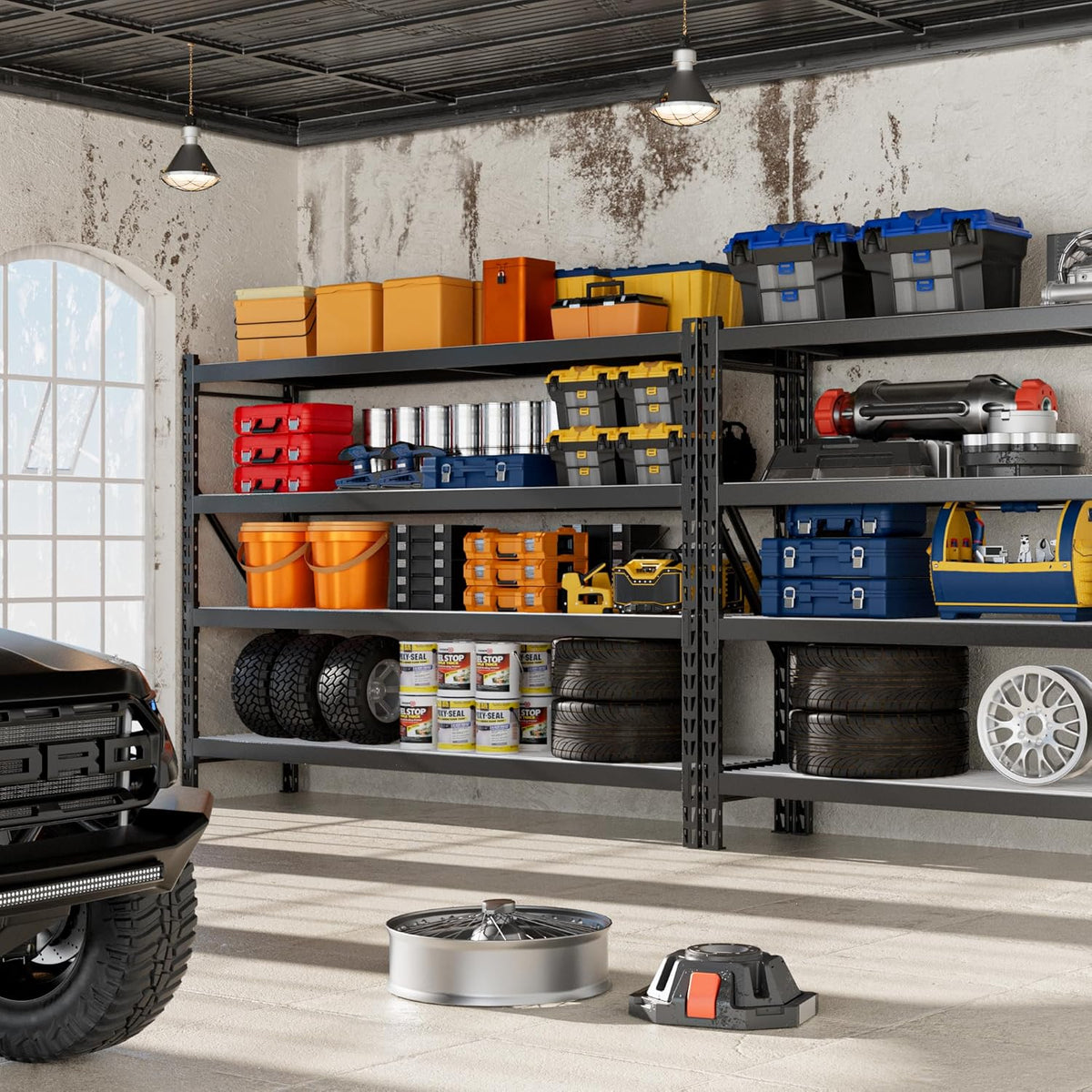 WORKPRO 8000LBS Storage Shelves, 77" Extra-Wide Garage Shelving, Heavy-Duty Metal Shelving Unit, Adjustable 4-Tier Garage Storage Rack for Warehouse, Basement,77" W X 24" D X 72" H, Black