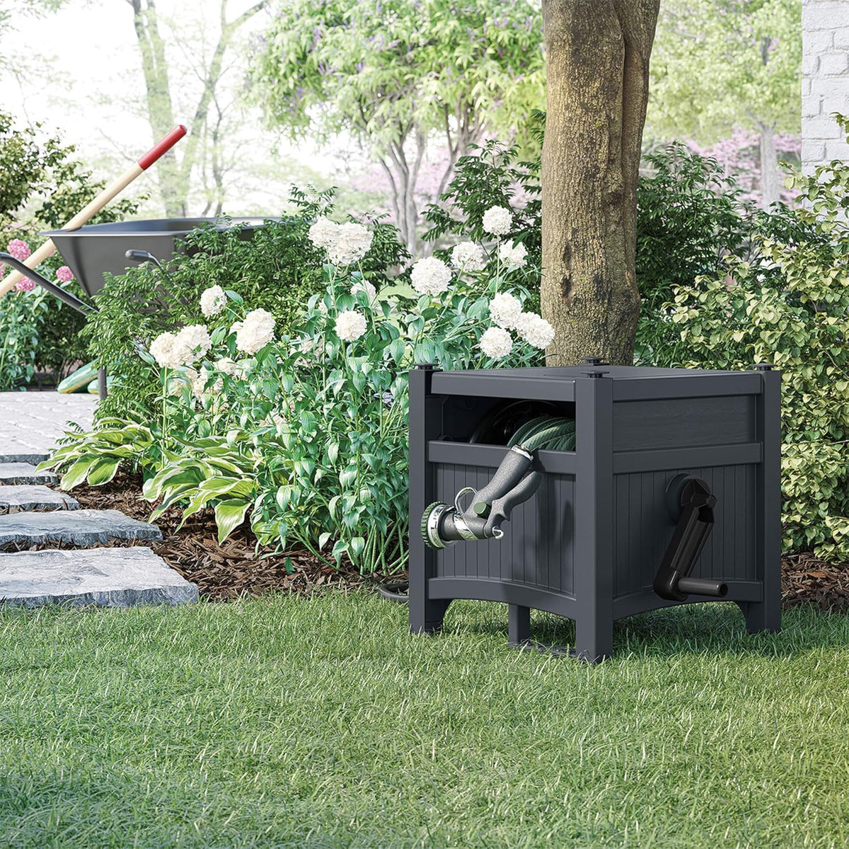 Suncast Garden Hose Hideaway Storage Reel Box, Cyberspace Grey – Resin Outdoor Container, Holds up to 100 Feet of 5/8 Inch Standard Vinyl Water Line – No Assembly Required