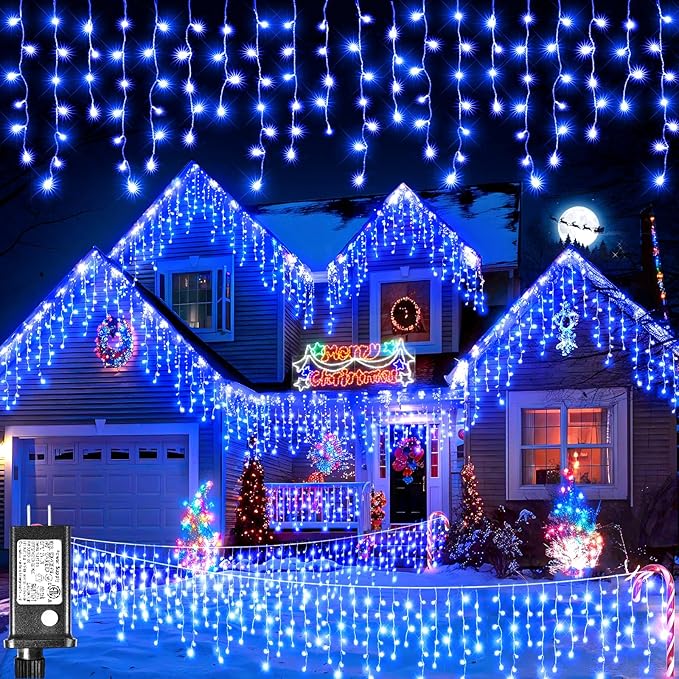 Christmas Icicle Lights Outdoor, 98FT 1216 LED Icicle String Lights with 8 Modes 228 Drops, Curtain Twinkle Lights for Bedroom House Holiday Party Wedding Decorations, Blue