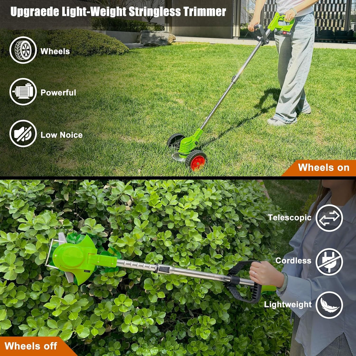 Electric Weed Wacker Eater Battery Powered, Cordless 21V Weed Trimmer with 2 Battery Operated & Charger & Wheels & Shears, 3 in 1 Lightweight Grass Trimmer/Edger/Brush Cutter for Garden Yard Lawn