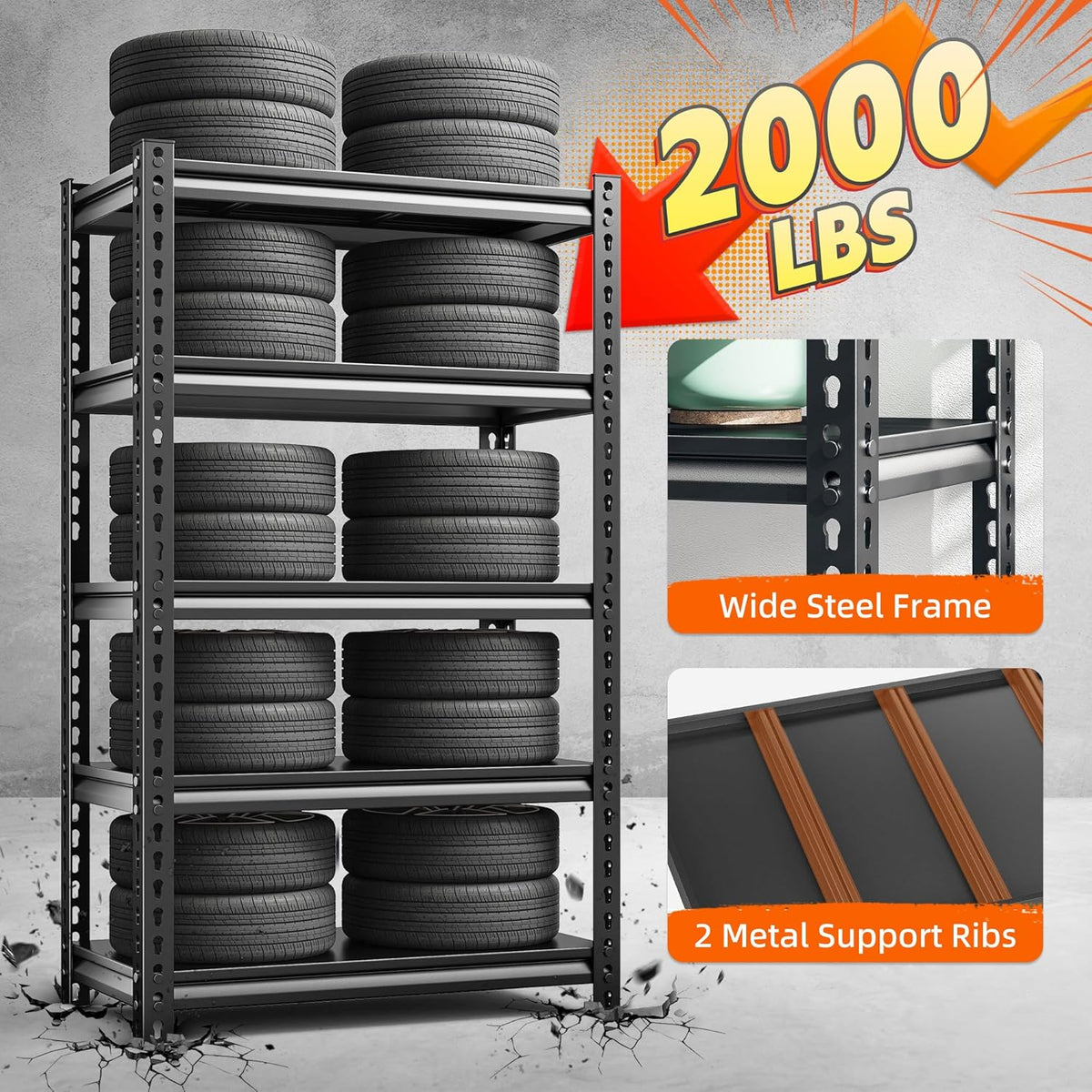 REIBII Storage Shelves, 2000LBS Garage Shelving Heavy Duty, 5 Tier Adjustable Metal Shelving for Garage, Warehouse, Pantry, Kitchen, Basement, 12" D x 27.5" W x 60" H, Black, 2Pack