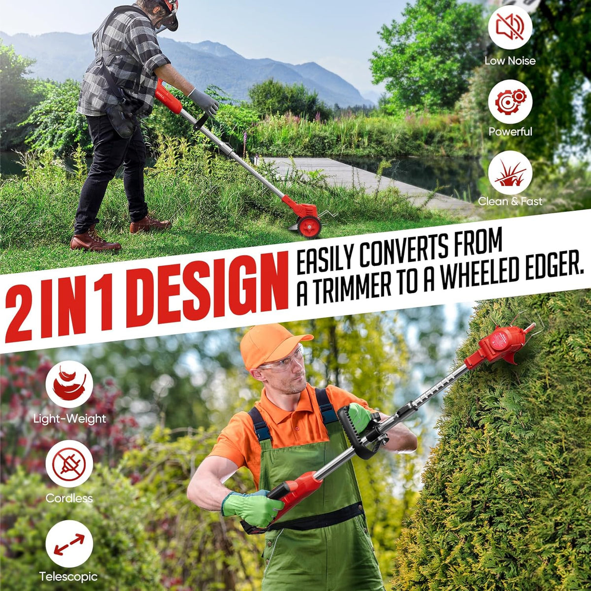 SHALL 24V Cordless Weed Wacker, 3-in-1 Electric Weed Eater Grass String Trimmer Edger, Telescopic Brush Cutter, 2 x 1.5Ah Battery Powered Lawn Mower with 3 Types Blades & Wheels for Yard Garden