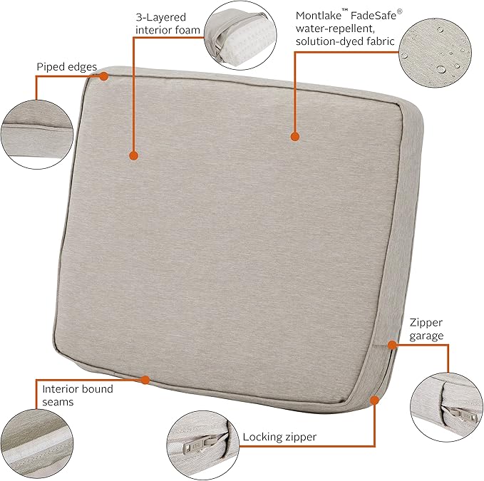 Classic Accessories Montlake Water-Resistant 21 x 22 x 4 Inch Patio Lounge Back Cushion, Heather Grey, Outdoor Loveseat Cushions