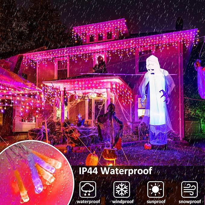 Christmas Icicle Lights Outdoor, 66ft 640 LED Icicle Lights for Outside with 8 Modes Timers, Waterproof Plug in Twinkle String Light for House Eave Patio Party Holiday Decorations, Purple Orange