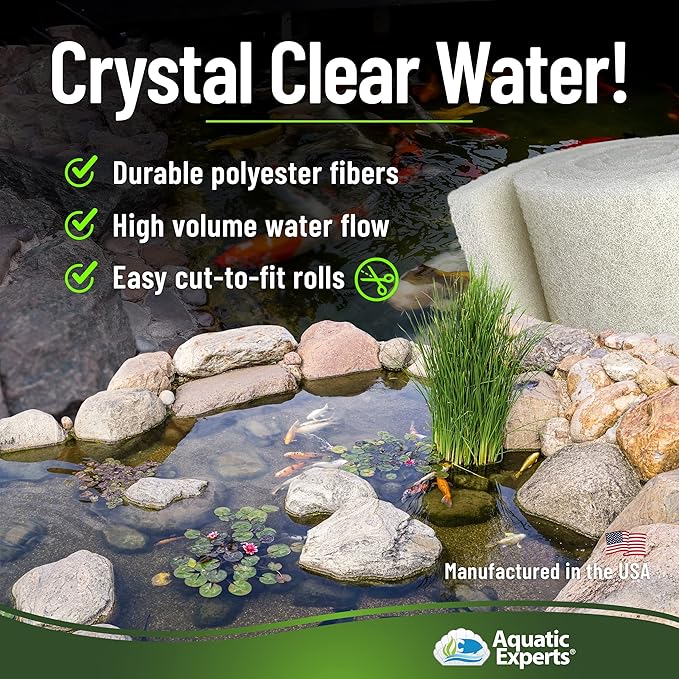Aquatic Experts Classic Koi Pond Filter Pad FINE - White Bulk Roll Pond Filter Media, Ultra-Durable Pond Filters for Outdoor Ponds, Reusable Fish Pond Filter Material, USA, (3/4" - 1" x 18" x 72")