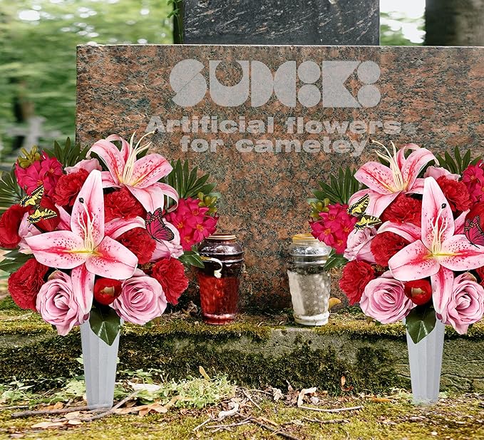 Handmade Cemetery Flowers with Vase for Grave Decor, Artificial Headstone Flower, Bright and Colorfast,Pink Rose Lily/Red Carnation