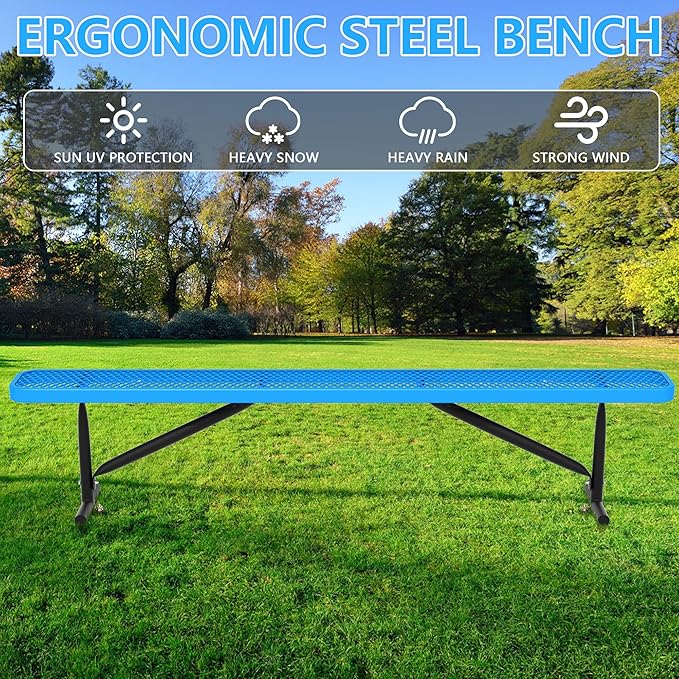 96" L Outdoor Metal Benches, Heavy Duty Garden Park Bench for Outside, Expanded Metal, Commercial Benches Mesh Bench for Shopping Mall, Store, Lawn, Park, Patio, Deck, Garden (Blue, 8FT)