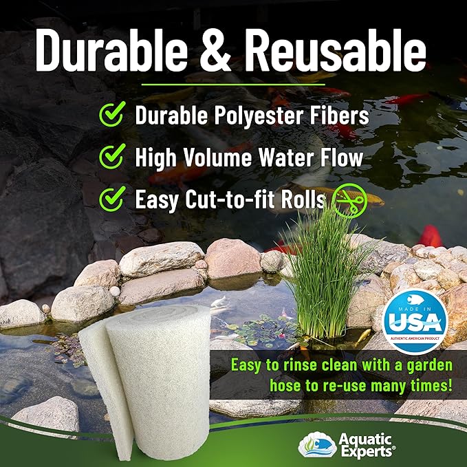 Classic Koi Pond Filter Pad FINE - White Bulk Roll Pond Filter Media, Ultra-Durable Pond Filters for Outdoor Ponds, Reusable Fish Pond Filter Material, USA (3/4" - 1" x 18" x 36")