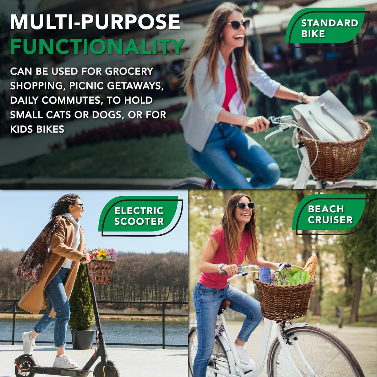 ProSource Wicker Bike Basket Front Cargo for Women and Men, Fits Most Bikes, Beach Cruiser, Stationary Bike, Ebike, Road Bike, Brown
