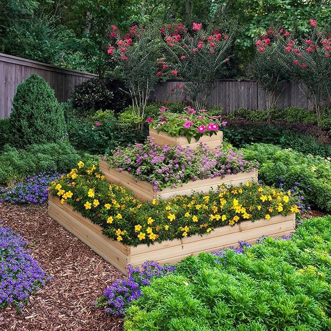 Yaheetech 3 Tier Wooden Raised Garden Bed 44.5'' L×44.5W×20.5×H, Horticulture Open-Bottom Planter Raised Garden Bed for Flowers/Herbs/Vegetables Planter Flower Box