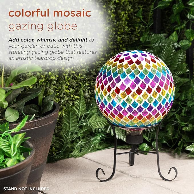 Alpine Corporation HMD220 Glass Gazing Globe w/Mosaic Teardrop Design, Decorative & Elegant Garden Art, 12" H, Multicolor
