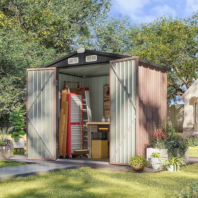 Aoxun 6.2x4 FT Shed Outdoor Storage Shed with Lockable Doors & Slooping Roof Metal Garden Tool Shed for Backyard, Patio, Poolside (Brown)