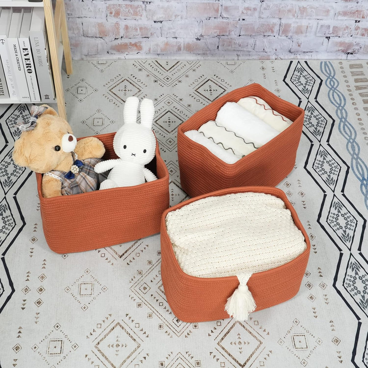 Cotton Rope storage Basket Bins Woven Basket for Organizing Shelves Rectangle Decorative Baskets For storage Clothes Toys Books Towels Square Wicker Nursery basket organizer 3 pack Rust