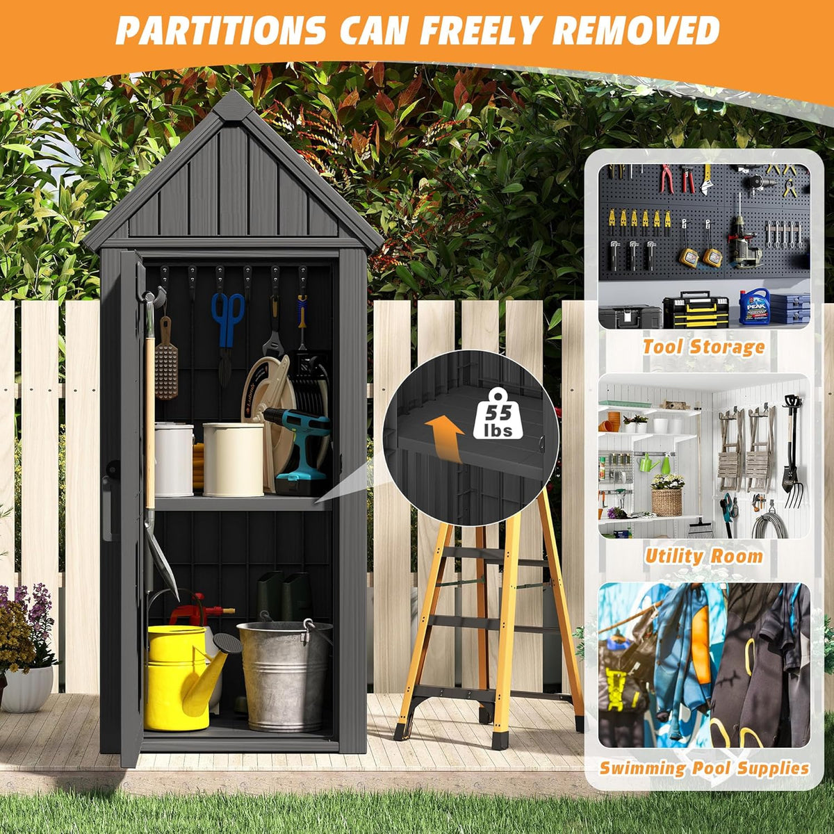 Shed Outdoor Storage Shed with Sloping Roof and Lockable Door, Resin Outdoor Storage Box Cabinet Waterproof and Multiple Hooks for Backyard, Patio, Poolside, Black