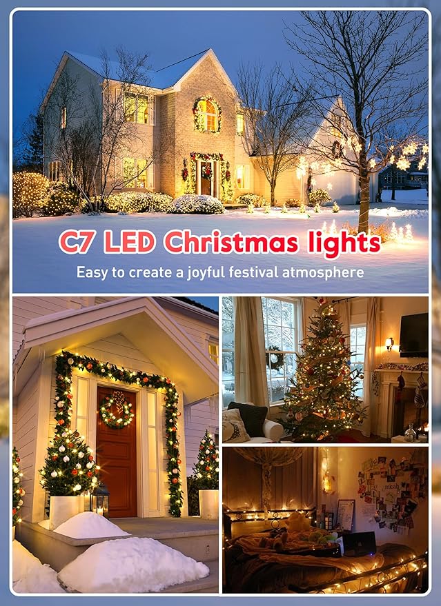 C7 LED Christmas Lights Outdoor, 25FT Vintage Christmas String Lights with 25+1 Plastic Bulbs, Commercial Connectable Holiday Lights for House Roofline Fence Garage Garden Backyard Pathway Decorations
