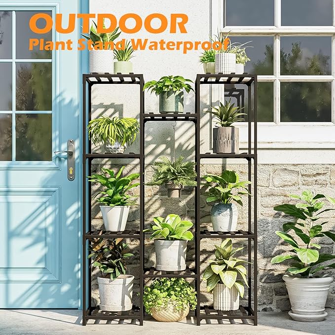 Bamworld Black Plant Stand Indoor Bamboo Hanging Plants Shelf for Multiple Plants Tall Large Holder for Living Room, Patio, Balcony, Garden