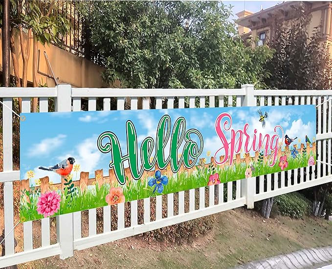Hello Spring Large Banner Birds with Flowers Banner,Welcome Home Outdoor Flag Sign Decorations Holiday Party Polyester Outdoor Decor with Brass Grommets 8.2x1.64 Ft
