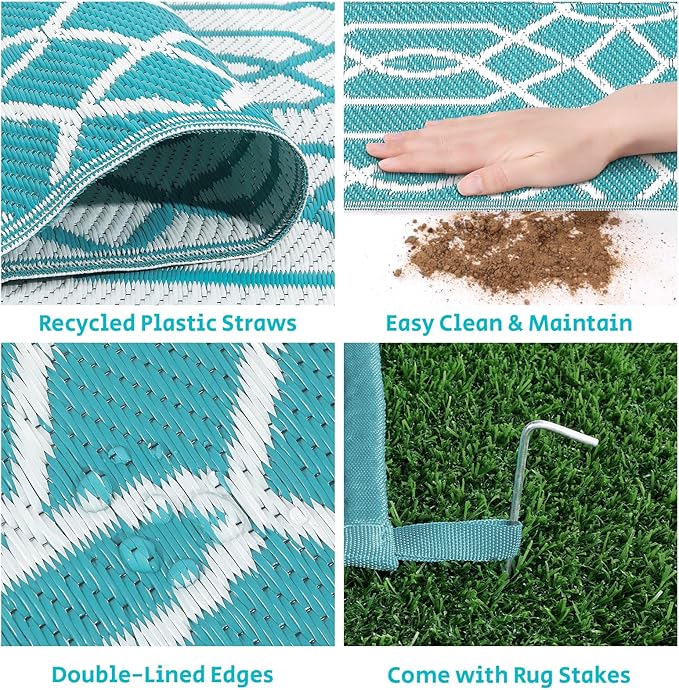 HEBE Outdoor Rug Waterproof 6x9, Reversible Plastic Straw Rug RV Camping Rug, Indoor Outdoor Patio Mat Clearance, Outside Carpet for Porch,Deck,Camper,Balcony,Backyard,Picnic