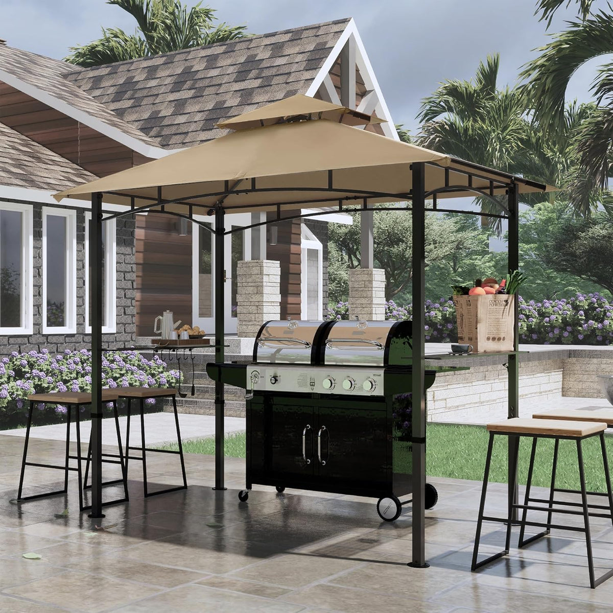 COOSHADE 8'x 5' Grill Gazebo Double Tiered Outdoor BBQ Gazebo Canopy with LED Light (Khaki)