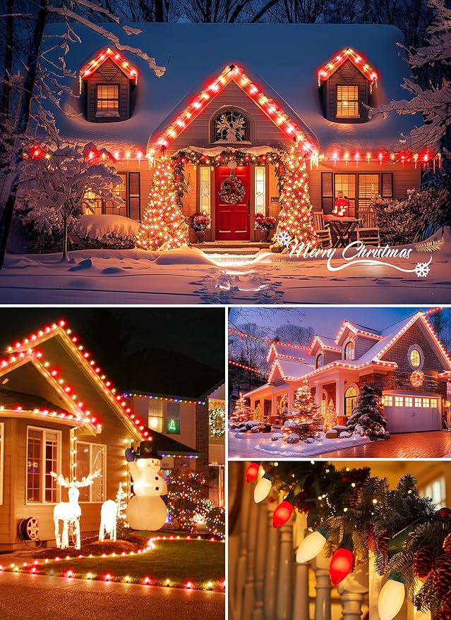 Brightown Frosted C9 LED Christmas Lights Outdoor, 32Ft Christmas Pathway Lights with 25 LED Bulbs and Stakes, Christmas Decorations Outside Driveway Walkway Sidewalk, Red and Warm White