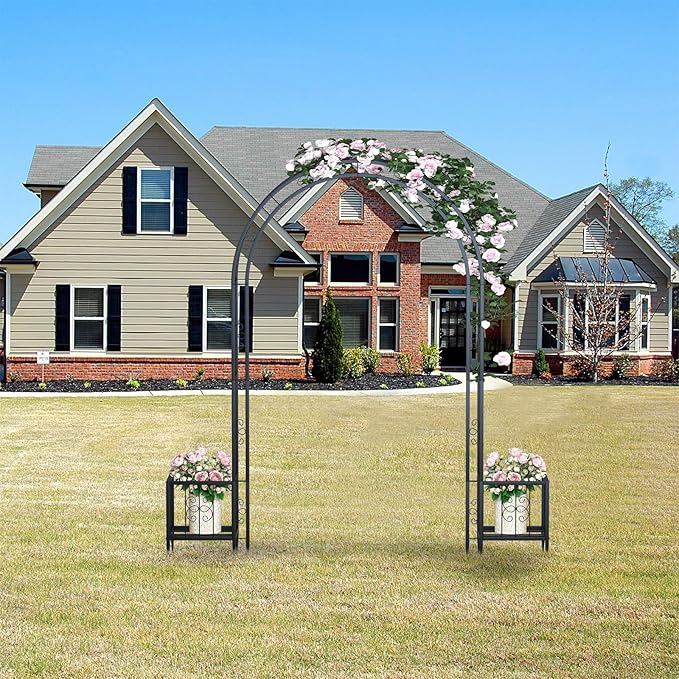 88in Steel Garden Arch Arbor Trellis with Planter Boxes for Climbing Plants Outdoor, Yard, Wide Sturdy Durable Garden Arch for Lawn,Outdoor Wedding Arch(Black)