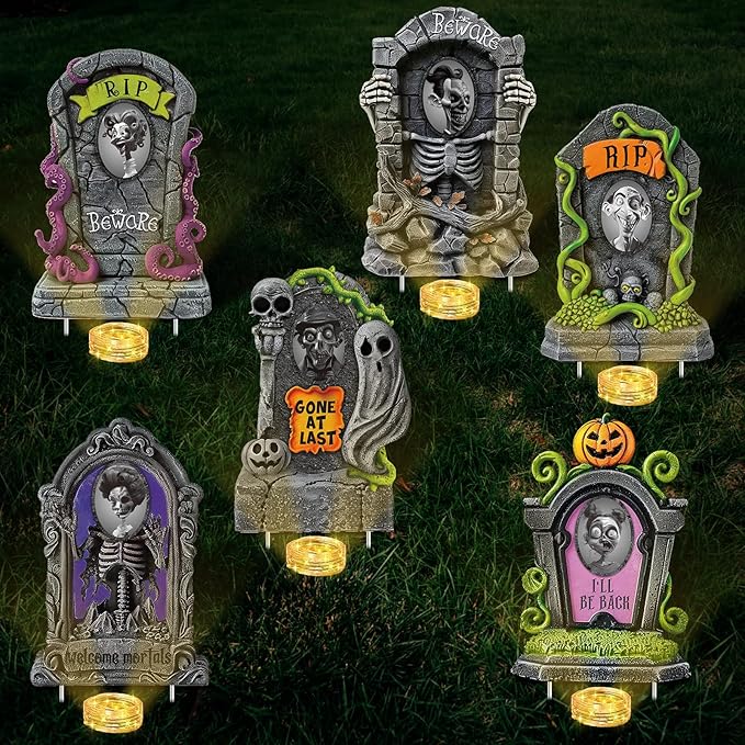 Hiboom 6 Set Large Halloween 3D Changing Face Rip Graveyard Tombstones and 23.6x15.7 Inch Halloween Skeleton Headstone 6 Pcs LED String Lights Halloween Decoration for Yard Garden Lawn