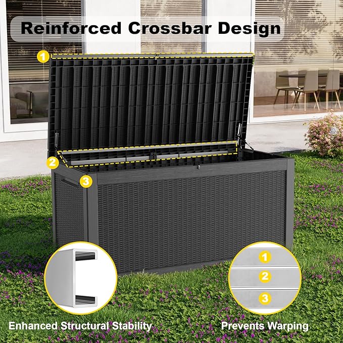 268 Gallon Outdoor Deck Box,Storage Lockable Waterproof Patio Furniture,Garden Tools,Cushions,Pool Accessories Outside Storage Resin Box(Black)